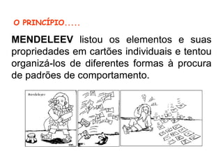 O PRINCÍPIO..... MENDELEEV  listou os elementos e suas propriedades em cartões individuais e tentou organizá-los de diferentes formas à procura de padrões de comportamento. 