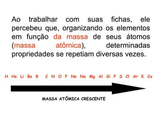 Ao trabalhar com suas fichas, ele percebeu que, organizando os elementos em função  da massa  de seus átomos ( massa atômica ), determinadas propriedades se repetiam diversas vezes. H  He  Li  Be  B  C  N  O  F  Ne  Na  Mg  Al  Si  P  S  Cl  Ar  K  Ca MASSA ATÔMICA CRESCENTE 