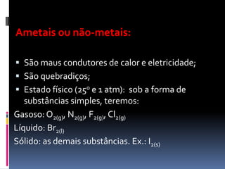 Ametais ou não-metais:

 São maus condutores de calor e eletricidade;
 São quebradiços;
 Estado físico (25o e 1 atm): sob a forma de
   substâncias simples, teremos:
Gasoso: O2(g), N2(g), F2(g), Cl2(g)
Líquido: Br2(l)
Sólido: as demais substâncias. Ex.: I2(s)
 