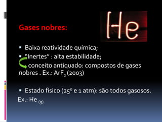 Gases nobres:

 Baixa reatividade química;
 “Inertes” : alta estabilidade;
   conceito antiquado: compostos de gases
nobres . Ex.: ArF2 (2003)

 Estado físico (25o e 1 atm): são todos gasosos.
Ex.: He (g)
 