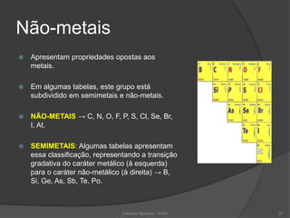 Não-metais
 Apresentam propriedades opostas aos
metais.
 Em algumas tabelas, este grupo está
subdividido em semimetais e não-metais.
 NÃO-METAIS → C, N, O, F, P, S, Cl, Se, Br,
I, At.
 SEMIMETAIS: Algumas tabelas apresentam
essa classificação, representando a transição
gradativa do caráter metálico (à esquerda)
para o caráter não-metálico (à direita) → B,
Si, Ge, As, Sb, Te, Po.
Ciências Naturais - ICRM 31
 