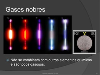 Gases nobres
 Não se combinam com outros elementos químicos
e são todos gasosos.
Ciências Naturais - ICRM 32
 