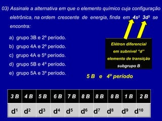 03) Assinale a alternativa em que o elemento químico cuja configuração
eletrônica, na ordem crescente de energia, finda em 4s2
3d3
se
encontra:
a) grupo 3B e 2º período.
b) grupo 4A e 2º período.
c) grupo 4A e 5º período.
d) grupo 5B e 4º período.
e) grupo 5A e 3º período.
Elétron diferencial
em subnível “d”
elemento de transição
subgrupo B
3 B 4 B 5 B 6 B 7 B 8 B 8 B 8 B 1 B 2 B
d1
d2
d3
d4
d5
d6
d7
d8
d9
d10
5 B e 4º período
 