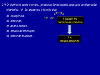 01) O elemento cujos átomos, no estado fundamental possuem configuração
eletrônica 1s² 2s1
pertence à família dos:
a) halogênios.
b) alcalinos.
c) gases nobres.
d) metais de transição.
e) alcalinos terrosos.
1s² 2s1
1 elétron na
camada de valência
1 A
metais alcalinos
 