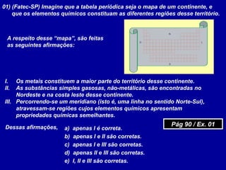 01) (Fatec-SP) Imagine que a tabela periódica seja o mapa de um continente, e
que os elementos químicos constituam as diferentes regiões desse território.
N
S
LO
A respeito desse “mapa”, são feitas
as seguintes afirmações:
I. Os metais constituem a maior parte do território desse continente.
II. As substâncias simples gasosas, não-metálicas, são encontradas no
Nordeste e na costa leste desse continente.
III. Percorrendo-se um meridiano (isto é, uma linha no sentido Norte-Sul),
atravessam-se regiões cujos elementos químicos apresentam
propriedades químicas semelhantes.
Dessas afirmações, a) apenas I é correta.
b) apenas I e II são corretas.
c) apenas I e III são corretas.
d) apenas II e III são corretas.
e) I, II e III são corretas.
Pág 90 / Ex. 01Pág 90 / Ex. 01
 