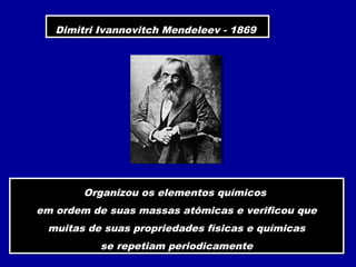 Dimitri Ivannovitch Mendeleev - 1869Dimitri Ivannovitch Mendeleev - 1869
Organizou os elementos químicos
em ordem de suas massas atômicas e verificou que
muitas de suas propriedades físicas e químicas
se repetiam periodicamente
Organizou os elementos químicos
em ordem de suas massas atômicas e verificou que
muitas de suas propriedades físicas e químicas
se repetiam periodicamente
 