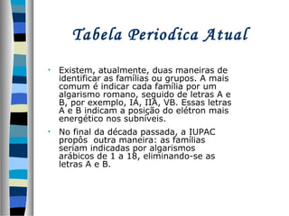 Tabela Periodica Atual
•

Existem, atualmente, duas maneiras de
identificar as famílias ou grupos. A mais
comum é indicar cada família por um
algarismo romano, seguido de letras A e
B, por exemplo, IA, IIA, VB. Essas letras
A e B indicam a posição do elétron mais
energético nos subníveis.

•

No final da década passada, a IUPAC
propôs outra maneira: as famílias
seriam indicadas por algarismos
arábicos de 1 a 18, eliminando-se as
letras A e B.

 