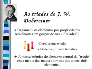 As tríades de J. W.
Dobereiner
Organizou os elementos por propriedades
semelhantes em grupos de três – “Tríades”;
Cloro, bromo e iodo:
a tríade da primeira tentativa.

A massa atómica do elemento central da “tríade”
era a média das massa atómicas dos outros dois
elementos.

 
