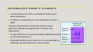 I N F O R M A Ç Õ E S S O B R E O E L E M E N T O
• O número atômico (Z) indica a quantidade de prótons (p) do
átomo do elemento.
• O símbolo é a primeira letra do nome do elemento em latim ou
grego.
*Quando a letra inicial for a mesma dos nomes de outros
elementos, utiliza-se uma segunda letra, minúscula, para
diferenciá-los.
• A massa atômica (A) é a soma das massas unitárias dos prótons
(p) com a dos nêutrons (n).
• Distribuição eletrônica de um átomo ou íon é uma descrição da
distribuição dos seus elétrons por nível de energia.
 
