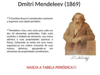 Dmitri Mendeleev (1869)
O Cientista Russo é considerado o primeiro
a organizar uma tabela periódica.
Mendeleev criou uma carta para cada um
dos 63 elementos conhecidos. Cada carta
continha o símbolo do elemento, sua massa
atômica e suas propriedades químicas e
físicas. Colocando as cartas em uma mesa,
organizou-as em ordem crescente de suas
massas atômicas, agrupando-as em
elementos de propriedades semelhantes.
NASCIA A TABELA PERIÓDICA!!!
 