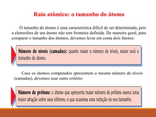 Raio atômico: o tamanho do átomo
O tamanho do átomo é uma característica difícil de ser determinada, pois
a eletrosfera de um átomo não tem fronteira definida. De maneira geral, para
comparar o tamanho dos átomos, devemos levar em conta dois fatores:
Caso os átomos comparados apresentem o mesmo número de níveis
(camadas), devemos usar outro critério:
 