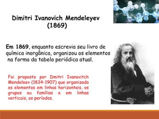Dimitri Ivanovich Mendeleyev
(1869)
Foi proposta por Dmitri Ivanovitch
Mendeleev (1834-1907) que organizada
os elementos em linhas horizontais, os
grupos ou famílias e em linhas
verticais, os períodos.
Em 1869, enquanto escrevia seu livro de
química inorgânica, organizou os elementos
na forma da tabela periódica atual.
 