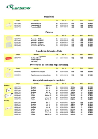 Código Descrição Cor EAN 13 Refª Emb. Preço (€)
05013PA01 Para tubo VD 12 Br 5601847050132 501 100 0,0450
05014PA01 Para tubo VD 16 Br 5601847050149 502 100 0,0450
05015PA01 Para tubo VD 20 Br 5601847050156 503 100 0,0450
Código Descrição Cor EAN 13 Refª Emb. Preço (€)
05016PA01 Redondo - Ø 58 mm Cr 5601847050163 551 100 0,0884
05017PA01 Redondo - Ø 65 mm Cr 5601847050170 552 100 0,1040
05018PA01 Redondo - Ø 68 mm Cr 5601847050187 553 100 0,1130
05019PA01 Redondo - Ø 80 mm Cr 5601847050194 554 100 0,1380
05020PA01 Quadrado - 60 x 60 mm Cr 5601847050200 555 100 0,1653
Código Descrição Cor EAN 13 Refª Emb. Preço (€)
Nº condutores
05090PA01 2 a 4 de 1,5 mm² Vm 5601847050903 762 100 0,0990
2 a 3 de 2,5 mm²
Código Descrição Cor EAN 13 Refª Emb. Preço (€)
05095PA01 Tapa tomadas simples Br 5601847050958 950 100 0,0710
05096EA01 Tapa tomadas com obturadores Br 5601847000106 956 100 0,1420
Código Descrição Cor EAN 13 Refª Emb. Preço (€)
Branco Ø Aperto (mm)
06001PA01 Simples 09 - 13 Br 5601847060018 101 Br 100 0,1150
06002PA01 Simples 10 - 18 Br 5601847060025 102 Br 100 0,1910
06003PA01 Simples 17 - 30 Br 5601847060032 103 Br 50 0,3670
06004PA01 Simples 26 - 40 Br 5601847060049 104 Br 25 0,5420
06005PA01 Duplas 2 x 9 - 13 Br 5601847060056 201 Br 50 0,2230
06006PA01 Duplas 2 x 10 - 18 Br 5601847060063 202 Br 50 0,3600
06007PA01 Triplas 3 x 9 - 13 Br 5601847060070 301 Br 50 0,3600
06008PA01 Triplas 3 x 10 - 18 Br 5601847060087 302 Br 25 0,6200
Creme
06501PA01 Simples 09 - 13 Cr 5601847065013 101 Cr 100 0,1150
06502PA01 Simples 10 - 18 Cr 5601847065020 102 Cr 100 0,1910
06503PA01 Simples 17 - 30 Cr 5601847065037 103 Cr 50 0,3670
06504PA01 Simples 26 - 40 Cr 5601847065044 104 Cr 25 0,5420
06505PA01 Duplas 2 x 9 - 13 Cr 5601847065051 201 Cr 50 0,2230
06506PA01 Duplas 2 x 10 - 18 Cr 5601847065068 202 Cr 50 0,3600
06507PA01 Triplas 3 x 9 - 13 Cr 5601847065075 301 Cr 50 0,3600
06508PA01 Triplas 3 x 10 - 18 Cr 5601847065082 302 Cr 25 0,6200
2 de 4 mm²
Boquilhas
Abraçadeiras de aperto mecânico
Protectores de tomadas (tapa tomadas)
Ligadores de torção - Etrix
Pateres
1
 
