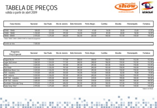 TABELA DE PREÇOS
  válida a partir de abril 2009


         Faixa Horária                   Nacional          São Paulo      Rio de Janeiro   Belo Horizonte   Porto Alegre    Curitiba      Brasília      Florianópolis   Fortaleza


01h00 - 10h00                                  500,00
                                               500 00            221,00
                                                                 221 00           117,00
                                                                                  117 00            47,00
                                                                                                    47 00           47,00
                                                                                                                    47 00         34,00
                                                                                                                                  34 00         28,00
                                                                                                                                                28 00           23,00
                                                                                                                                                                23 00           23,00
                                                                                                                                                                                23 00
12h00 - 18h00                                1.250,00            533,00           293,00           126,00          126,00         85,00         69,00           58,00           58,00
18h00 - 00h00                                2.970,00          1.275,00           696,00           282,00          282,00        180,00        157,00          140,00          140,00
Faixas 10h00-12h00 e 00h00-01h00 ver tabela de programas


Evento ao vivo                               7.500,00



          Programas
                                         Nacional          São Paulo      Rio de Janeiro   Belo Horizonte   Porto Alegre    Curitiba      Brasília      Florianópolis   Fortaleza
        Preço Especial

Edgard No Ar                                 3.060,00          1.354,00           717,00           288,00          288,00        186,00        159,00          152,00          152,00
Lugar (I )C
L      (In)Comum                             3.060,00
                                             3 060 00          1.354,00
                                                               1 354 00           717,00
                                                                                  717 00           288,00
                                                                                                   288 00          288,00
                                                                                                                   288 00        186,00
                                                                                                                                 186 00        159,00
                                                                                                                                               159 00          152,00
                                                                                                                                                               152 00          152,00
                                                                                                                                                                               152 00
Tribos                                       3.020,00          1.336,00           707,00           285,00          285,00        183,00        158,00          150,00          150,00
Tira Onda                                    3.020,00          1.336,00           707,00           285,00          285,00        183,00        158,00          150,00          150,00
Multishow Music Live                         3.020,00          1.336,00           707,00           285,00          285,00        183,00        158,00          150,00          150,00
TVZ - matutino                               1.510,00            645,00           354,00           145,00          145,00        100,00         82,00           70,00           70,00
TVZ - noturno                                3.020,00          1.336,00           707,00           285,00          285,00        183,00        158,00          150,00          150,00
TOP TVZ - matutino                           3.600,00          1.593,00           843,00           339,00          339,00        220,00        190,00          180,00          180,00
TOP TVZ - noturno                            3.600,00          1.593,00           843,00           339,00          339,00        220,00        190,00          180,00          180,00
Sexshake / Intervalo Sexy                    2.970,00          1.275,00           696,00           282,00          282,00        180,00        157,00          140,00          140,00
Faixa Sexy Time*                             2.970,00          1.275,00           696,00           282,00          282,00        180,00        157,00          140,00          140,00
                                                                                                                                                                        Valores em Reais
 