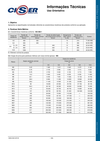 M3
M3,5
M4
M5
M6
M7
M8
M10
M12
M14
M16
M18
M20
M22
M24
M27
M30
M33
M36
M39
1. Objetivo
Apresentar as especificações normalizadas referentes às características mecânicas dos produtos conforme sua aplicação.
2. Parafuso Série Métrica
2.1. Características mecânicas conforme - ISO 898-1
2.2. Cargas de prova para parafusos métricos com rosca normal (grossa) - MA
Classe de
resistência
Tensão de
tração nominal
N/mm2
4.8
5.8
400
500
800
800
1000
Tensão de
escoamento nominal
N/mm2
320
400
Tensão de deformação
não proporcional nominal
N/mm2
Alongamento
após ruptura
% min.
Tensão sob
carga de prova
N/mm2
Dureza
640
640
900
14
10
12
12
9
310
380
580
600
830
71-95 HRB
82-95 HRB
22-32 HRC
23-34 HRC
32-39 HRC
D ≤ 16
D > 16
8.8
10.9
Informações Técnicas
Uso Orientativo
TA
B
E
L
A
D
E
P
R
E
Ç
O
S
N
o
v
e
m
b
r
o
/
2
0
0
8
Rosca
Classe de resistência
Carga de prova
N
4.8 5.8 8.8 9.8 10.9
5,03
6,78
8,78
14,2
20,1
28,9
36,6
58
84,3
115
157
192
245
303
353
459
561
694
817
976
1 560
2 100
2 720
4 400
6 230
8 960
11 400
18 000
26 100
35 600
48 700
59 500
76 000
93 900
109 000
142 000
174 000
215 000
253 000
303 000
1 910
2 580
3 340
5 400
7 640
11 000
13 900
22 000
32 000
43 700
59 700
73 000
93 100
115 000
134 000
174 000
213 000
264 000
310 000
371 000
2 920
3 940
5 100
8 230
11 600
16 800
21 200
33 700
48 900
66 700
91 000
115 000
147 000
182 000
212 000
275 000
337 000
416 000
490 000
586 000
3 270
4 410
5 710
9 230
13 100
18 800
23 800
37 700
54 800
74 800
102 000
—
—
—
—
—
—
—
—
—
4 180
5 630
7 290
11 800
16 700
24 000
30 400
48 100
70 000
95 500
130 000
159 000
203 000
252 000
293 000
381 000
466 000
576 000
678 000
810 000
Seção resistente nominal
mm2
- 165-
www.ciser.com.br
D= Diâmetro nominal do produto.
Informações Técnicas 4/28/10 8:38 AM Page 3
 