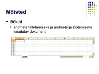 Mõisted
   tööleht
       andmete talletamiseks ja andmetega töötamiseks
        kasutatav dokument
 