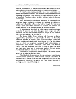 6   - Tabelas Brasileiras para Aves e Suínos

nacional, através de artigos científicos, de dissertações de Mestrado e de
teses de Doutorado e de comunicações em encontros e congressos.
       A maioria dos artigos publicados pode ser encontrados na
Revista Brasileira de Zootecnia, nos Anais das Reuniões da Sociedade
Brasileira de Zootecnia e nos Anais da Fundação APINCO de Ciência
e Tecnologia Avícolas, embora também existam outros órgãos de
comunicação.
       Para a confecção das tabelas brasileiras de composição de
alimentos, foram realizados milhares de análises de alimentos,
produzidos no Brasil. Especificamente, na determinação dos valores de
energia, foram conduzidas dezenas de ensaios com animais em
laboratórios de nutrição animal e milhares de análises químicas.
       A determinação dos níveis de exigência nutricional envolveu a
condução de dezenas de testes biológicos com frangos de corte,
poedeiras e suínos nas diversas fases da criação e sob variadas
condições de ambiente e de temperatura.
       Os dados obtidos foram testados sob rigorosas condições
experimentais, envolvendo a observação de lotes de tamanho
comercial. Rações de mínimo custo foram calculadas, usando-se
valores nutricionais dos alimentos determinados na UFV, associados
com os níveis de exigência nutricional aqui estabelecidos, e
comparadas com rações calculadas com base nas tabelas
internacionais. Os resultados das novas informações aqui publicadas
são importantes para que o zootecnista brasileiro formule rações
visando produção mais econômica de aves e de suínos.
       Outro não foi o objetivo dos autores, senão o de contribuir para
a melhoria da produção animal no País.
       Não há dúvida de que, apesar de representarem estas tabelas
uma importante contribuição, ainda existem avanços necessários. A
continuidade dos trabalhos de pesquisa, associada à colaboração dos
pesquisadores, técnicos e criadores do País, deverá permitir o
aperfeiçoamento dessas informações.

                                                              Os autores
 