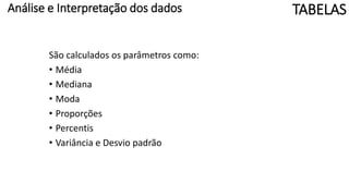 Análise e Interpretação dos dados
São calculados os parâmetros como:
• Média
• Mediana
• Moda
• Proporções
• Percentis
• Variância e Desvio padrão
TABELAS
 