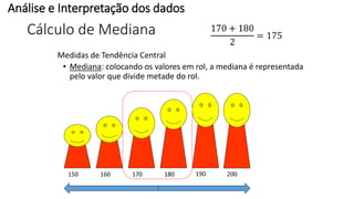 Cálculo de Mediana
Medidas de Tendência Central
• Mediana: colocando os valores em rol, a mediana é representada
pelo valor que divide metade do rol.
150 160 170 180 190 200
Análise e Interpretação dos dados
 