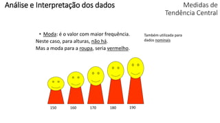 Medidas de
Tendência Central
• Moda: é o valor com maior frequência.
Neste caso, para alturas, não há.
Mas a moda para a roupa, seria vermelho.
150 160 170 180 190
Também utilizada para
dados nominais
Análise e Interpretação dos dados
 