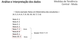 Medidas de Tendência
Central - Moda
• Outro exemplo: Notas em Matemática dos estudantes =
{4; 5; 3; 4; 6; 7; 9; 10; 10; 10; 7; 7; 6}
Nota 3: 1
Nota 4: 2
Nota 5: 1
Nota 6: 2
Nota 7: 3
Nota 8: 0
Nota 9: 1
Nota 10: 3
Moda
Moda
Bimodal: Moda=7 e 10
Análise e Interpretação dos dados
 