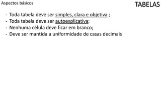 TABELASAspectos básicos
- Toda tabela deve ser simples, clara e objetiva ;
- Toda tabela deve ser autoexplicativa;
- Nenhuma célula deve ficar em branco;
- Deve ser mantida a uniformidade de casas decimais
 