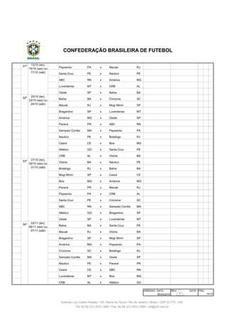 306 31ª Paysandu PA x Macaé RJ Mangueirão Belém
307 31ª Santa Cruz PE x Náutico PE Arruda Recife
308 31ª ABC RN x América MG Frasqueirão Natal
309 31ª Luverdense MT x CRB AL Passo das Emas Lucas do R. Verde
310 31ª Oeste SP x Bahia BA Amaros Itápolis
311 32ª Bahia BA x Criciúma SC Fonte Nova Salvador
312 32ª Macaé RJ x Mogi Mirim SP Cláudio Moacyr Macaé
313 32ª Bragantino SP x Luverdense MT Nabi Abi Chedid Bragança Paulista
314 32ª América MG x Oeste SP Independência Belo Horizonte
315 32ª Paraná PR x ABC RN Durival Britto Curitiba
316 32ª Sampaio Corrêa MA x Paysandu PA Castelão São Luís
317 32ª Náutico PE x Botafogo RJ Arena Pernambuco S. Lourenço da Mata
318 32ª Ceará CE x Boa MG Castelão Fortaleza
319 32ª Atlético GO x Santa Cruz PE Serra Dourada Goiânia
320 32ª CRB AL x Vitória BA Rei Pelé Maceió
321 33ª Vitória BA x Náutico PE Manoel Barradas Salvador
322 33ª Botafogo RJ x Bahia BA Engenhão Rio de Janeiro
323 33ª Mogi Mirim SP x Ceará CE Romildo Ferreira Mogi Mirim
324 33ª Boa MG x América MG Dilzon Melo Varginha
325 33ª Paraná PR x Macaé RJ Durival Britto Curitiba
326 33ª Paysandu PA x CRB AL Mangueirão Belém
327 33ª Santa Cruz PE x Criciúma SC Arruda Recife
328 33ª ABC RN x Sampaio Corrêa MA Frasqueirão Natal
329 33ª Atlético GO x Bragantino SP Serra Dourada Goiânia
330 33ª Oeste SP x Luverdense MT Amaros Itápolis
331 34ª Bahia BA x Santa Cruz PE Fonte Nova Salvador
332 34ª Macaé RJ x Vitória BA Cláudio Moacyr Macaé
333 34ª Bragantino SP x Mogi Mirim SP Nabi Abi Chedid Bragança Paulista
334 34ª América MG x Paysandu PA Independência Belo Horizonte
335 34ª Criciúma SC x Botafogo RJ Heriberto Hulse Criciúma
336 34ª Sampaio Corrêa MA x Oeste SP Castelão São Luís
337 34ª Náutico PE x Paraná PR Arena Pernambuco S. Lourenço da Mata
338 34ª Ceará CE x ABC RN Castelão Fortaleza
339 34ª Luverdense MT x Boa MG Passo das Emas Lucas do R. Verde
340 34ª CRB AL x Atlético GO Rei Pelé Maceió
EMISSAO DATA REV. DATA PÁG
05/03/2015
CONFEDERAÇÃO BRASILEIRA DE FUTEBOL
10/12
20/10 (ter),
23/10 (sex) ou
24/10 (sáb)
27/10 (ter),
30/10 (sex) ou
31/10 (sáb)
13/10 (ter),
16/10 (sex) ou
17/10 (sáb)
Avenida Luiz Carlos Prestes, 130 • Barra da Tijuca • Rio de Janeiro • Brasil • CEP 22.775 - 055
03/11 (ter),
06/11 (sex) ou
07/11 (sáb)
Tel: 00 55 (21) 3572 1900 • Fax: 00 55 (21) 3572 1990 • cbf@cbf.com.br
30
 
