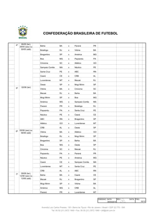 031 4ª Bahia BA x Paraná PR Fonte Nova Salvador
032 4ª Botafogo RJ x Vitória BA Engenhão Rio de Janeiro
033 4ª Bragantino SP x América MG Nabi Abi Chedid Bragança Paulista
034 4ª Boa MG x Paysandu PA Dilzon Melo Varginha
035 4ª Criciúma SC x Atlético GO Heriberto Hulse Criciúma
036 4ª Sampaio Corrêa MA x Náutico PE Castelão São Luís
037 4ª Santa Cruz PE x ABC RN Arruda Recife
038 4ª Ceará CE x CRB AL Castelão Fortaleza
039 4ª Luverdense MT x Macaé RJ Passo das Emas Lucas do R. Verde
040 4ª Oeste SP x Mogi Mirim SP Amaros Itápolis
041 5ª Vitória BA x Criciúma SC Manoel Barradas Salvador
042 5ª Macaé RJ x Bahia BA Cláudio Moacyr Macaé
043 5ª Mogi Mirim SP x Boa MG Romildo Ferreira Mogi Mirim
044 5ª América MG x Sampaio Corrêa MA Independência Belo Horizonte
045 5ª Paraná PR x Botafogo RJ Durival Britto Curitiba
046 5ª Paysandu PA x Santa Cruz PE Mangueirão Belém
047 5ª Náutico PE x Ceará CE Arena Pernambuco S. Lourenço da Mata
048 5ª ABC RN x Bragantino SP Frasqueirão Natal
049 5ª Atlético GO x Luverdense MT Serra Dourada Goiânia
050 5ª CRB AL x Oeste SP Rei Pelé Maceió
051 6ª Vitória BA x Atlético GO Manoel Barradas Salvador
052 6ª Botafogo RJ x Mogi Mirim SP Engenhão Rio de Janeiro
053 6ª Bragantino SP x Bahia BA Nabi Abi Chedid Bragança Paulista
054 6ª Boa MG x Oeste SP Dilzon Melo Varginha
055 6ª Criciúma SC x Macaé RJ Heriberto Hulse Criciúma
056 6ª Paysandu PA x Paraná PR Mangueirão Belém
057 6ª Náutico PE x América MG Arena Pernambuco S. Lourenço da Mata
058 6ª Ceará CE x Sampaio Corrêa MA Castelão Fortaleza
059 6ª Luverdense MT x Santa Cruz PE Passo das Emas Lucas do R. Verde
060 6ª CRB AL x ABC RN Rei Pelé Maceió
061 7ª Bahia BA x Ceará CE Fonte Nova Salvador
062 7ª Macaé RJ x Bragantino SP Cláudio Moacyr Macaé
063 7ª Mogi Mirim SP x Vitória BA Romildo Ferreira Mogi Mirim
064 7ª América MG x CRB AL Independência Belo Horizonte
065 7ª Paraná PR x Luverdense MT Durival Britto Curitiba
EMISSAO DATA REV. DATA PÁG
05/03/2015
05/06 (sex) ou
06/06 (sáb)
02/12
26/05 (ter),
29/05 (sex) ou
30/05 (sáb)
09/06 (ter),
12/06 (sex) ou
13/06 (sáb)
Avenida Luiz Carlos Prestes, 130 • Barra da Tijuca • Rio de Janeiro • Brasil • CEP 22.775 - 055
Tel: 00 55 (21) 3572 1900 • Fax: 00 55 (21) 3572 1990 • cbf@cbf.com.br
CONFEDERAÇÃO BRASILEIRA DE FUTEBOL
02/06 (ter)
30
 
