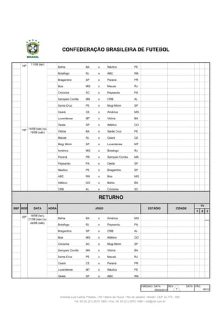 171 18ª Bahia BA x Náutico PE Fonte Nova Salvador
172 18ª Botafogo RJ x ABC RN Engenhão Rio de Janeiro
173 18ª Bragantino SP x Paraná PR Nabi Abi Chedid Bragança Paulista
174 18ª Boa MG x Macaé RJ Dilzon Melo Varginha
175 18ª Criciúma SC x Paysandu PA Heriberto Hulse Criciúma
176 18ª Sampaio Corrêa MA x CRB AL Castelão São Luís
177 18ª Santa Cruz PE x Mogi Mirim SP Arruda Recife
178 18ª Ceará CE x América MG Castelão Fortaleza
179 18ª Luverdense MT x Vitória BA Passo das Emas Lucas do R. Verde
180 18ª Oeste SP x Atlético GO Amaros Itápolis
181 19ª Vitória BA x Santa Cruz PE Manoel Barradas Salvador
182 19ª Macaé RJ x Ceará CE Cláudio Moacyr Macaé
183 19ª Mogi Mirim SP x Luverdense MT Romildo Ferreira Mogi Mirim
184 19ª América MG x Botafogo RJ Independência Belo Horizonte
185 19ª Paraná PR x Sampaio Corrêa MA Durival Britto Curitiba
186 19ª Paysandu PA x Oeste SP Mangueirão Belém
187 19ª Náutico PE x Bragantino SP Arena Pernambuco S. Lourenço da Mata
188 19ª ABC RN x Boa MG Frasqueirão Natal
189 19ª Atlético GO x Bahia BA Serra Dourada Goiânia
190 19ª CRB AL x Criciúma SC Rei Pelé Maceió
1 2 3
191 20ª Bahia BA x América MG Fonte Nova Salvador
192 20ª Botafogo RJ x Paysandu PA Engenhão Rio de Janeiro
193 20ª Bragantino SP x CRB AL Nabi Abi Chedid Bragança Paulista
194 20ª Boa MG x Atlético GO Dilzon Melo Varginha
195 20ª Criciúma SC x Mogi Mirim SP Heriberto Hulse Criciúma
196 20ª Sampaio Corrêa MA x Vitória BA Castelão São Luís
197 20ª Santa Cruz PE x Macaé RJ Arruda Recife
198 20ª Ceará CE x Paraná PR Castelão Fortaleza
199 20ª Luverdense MT x Náutico PE Passo das Emas Lucas do R. Verde
200 20ª Oeste SP x ABC RN Amaros Itápolis
EMISSAO DATA REV. DATA PÁG
05/03/2015 06/12
RETURNO
REF ROD
Avenida Luiz Carlos Prestes, 130 • Barra da Tijuca • Rio de Janeiro • Brasil • CEP 22.775 - 055
Tel: 00 55 (21) 3572 1900 • Fax: 00 55 (21) 3572 1990 • cbf@cbf.com.br
HORA JOGO ESTÁDIO CIDADE
TV
CONFEDERAÇÃO BRASILEIRA DE FUTEBOL
14/08 (sex) ou
15/08 (sáb)
18/08 (ter),
21/08 (sex) ou
22/08 (sáb)
DATA
11/08 (ter)
30
 