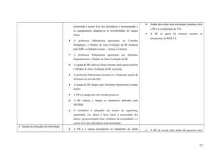 permitindo o acesso livre dos utilizadores à documentação e
os equipamentos adaptam-se às possibilidades do espaço
físico.
• A professora bibliotecária apresentou, ao Conselho
Pedagógico, o Modelo de Auto-Avaliação da BE proposto
pela RBE e o domínio a testar – Leitura e Literacia.
• A professora bibliotecária apresentou aos diferentes
Departamentos o Modelo de Auto-Avaliação da BE.
• A equipa da BE realizou várias reuniões para operacionalizar
o Modelo de Auto-Avaliação da BE na escola.
• A professora bibliotecária encontra-se a frequentar acções de
formação na área das BEs.
• A equipa da BE integra uma Assistente Operacional a tempo
inteiro.
• A PB e a equipa têm uma atitude proactiva.
• A BE reflecte e integra os normativos definidos pelo
ME/RBE.
• O mobiliário é adequado em termos de ergonomia,
quantidade, cor, altura à faixa etária e necessidade dos
alunos, proporcionando boas condições de acomodação e o
acesso livre dos utilizadores à documentação.
• Ainda não existe uma articulação contínua entre
a PB e o coordenador do PTE.
• A BE só agora irá começar recorrer às
ferramentas da WEB 2.0.
D - Gestão da colecção/ da informação
• A PB e a equipa procederam ao tratamento do fundo • A BE da escola sede ainda não promove uma
12
 