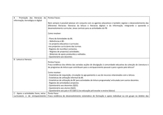 A - Promoção das literacias da Pontos fracos:
informação, tecnológica e digital
                                  Nem sempre é possível planear em conjunto com os agentes educativos e também registar o desenvolvimento das
                                  diferentes literacias: literacias da leitura e literacias digitais e da Informação, integrando e apoiando o
                                  desenvolvimento curricular, áreas centrais para as actividades do PB

                                    Como resolver:

                                    - Plano de Actividades da BE.
                                    - Referências à BE:
                                    - no projecto educativo e curricular;
                                    -nos projectos curriculares das turmas.
                                    - Registos de reuniões/ contactos.
                                    - Registos de projectos/ actividades.
                                    - Materiais de apoio produzidos e editados.
                                    - Questionário aos docentes
B - Leitura e literacia
                                    Pontos fracos:
                                    Fraca evidência dos efeitos das variadas acções de divulgação à comunidade educativa da colecção de Literatura e
                                    de programas de leitura que contribuam para o enriquecimento pessoal e para o gosto pela leitura?

                                       Como resolver:
                                       - Estatísticas de requisição, circulação no agrupamento e uso de recursos relacionados com a leitura.
                                       - Estatísticas de utilização informal da BE.
                                       - Estatísticas de utilização da BE para actividades de leitura programada/ articulada com outros docentes.
                                       - Registos de actividades/ projectos.
                                       - Questionário aos docentes (QD2).
                                       - Questionário aos alunos (QA2).
                                       - Questionário aos pais e EE (QEE1) (na educação pré-escolar e ensino básico)
C - Apoio a actividades livres, extra- Ponto fraco:
curriculares e de enriquecimento Fraca evidência do desenvolvimento sistemático de formação e apoio individual ou em grupo no âmbito das
 