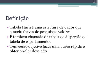 Definição
• Tabela Hash é uma estrutura de dados que
associa chaves de pesquisa a valores.
• É também chamada de tabela de dispersão ou
tabela de espalhamento.
• Tem como objetivo fazer uma busca rápida e
obter o valor desejado.
2
 