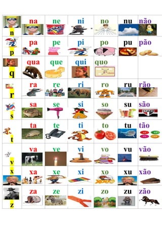 n
na ne ni no nu não
p
pa pe pi po pu pão
q
qua que qui quo
r
ra re ri ro ru rão
s
sa se si so su são
t
ta te ti to tu tão
v
va ve vi vo vu vão
x xa xe xi xo xu xão
z
za ze zi zo zu zão
 