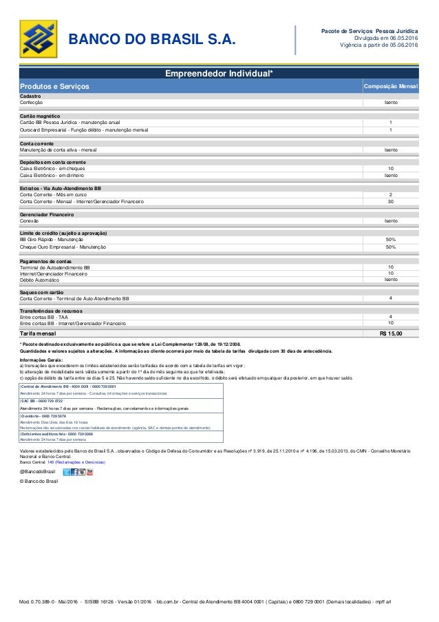 Tabela Banco do brasil tarifas Pessoa Jurídica