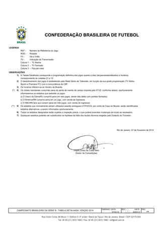 REF - Número de Referência do Jogo
ROD - Rodada
I/V - Ida e Volta
TV - Indicação de Transmissão
1)
2)
3)
(*) 4) Os clubes mandantes cumprirão pena de perda de mando de campo imposta pelo STJD, conforme abaixo; oportunamente
informaremos os estádios que sediarão os jogos.
a) O Vasco da Gama/RJ cumprirá pena em seis jogos, sendo três deles com portões fechados;
b) O América/RN cumprirá pena em um jogo, com venda de ingressos;
c) O ABC/RN terá que cumprir pena em três jogos, com venda de ingressos
(**) 5) Os estádios que normalmente seriam utilizados estarão entregues à FIFA/COL por conta da Copa do Mundo; serão identificados
estádios alternativos, a serem informados oportunamente.
6)
7)
Virgílio Elísio da Costa Neto
Diretor de Competições
EMISSAO DATA REV. DATA PÁG
07/02/14 25/03/14
LEGENDA
OBSERVAÇÕES
A Tabela Detalhada corresponde a programação definitiva dos jogos quanto a dias (terças/sextas/sábados) e horários,
CONFEDERAÇÃO BRASILEIRA DE FUTEBOL
Coluna 3 - Pay-per-view
Rua Victor Civita, 66 Bloco 1 • Edifício 5, 5º andar • Barra da Tijuca • Rio de Janeiro, Brasil • CEP 22775-044
Tel: 00 55 (21) 3572 1900 • Fax: 00 55 (21) 3572 1990 • cbf@cbf.com.br
4/4
Rio de Janeiro, 07 de Fevereiro de 2014
CAMPEONATO BRASILEIRO DA SÉRIE B - TABELA DETALHADA / EDIÇÃO 2014
Os horários referem-se ao Horário de Brasília.
Todos os estádios designados estão sujeitos a inspeção prévia, o que poderá acarretar mudanças de locais se necessário.
Quaisquer estádios poderão ser substituídos na hipótese da falta dos laudos técnicos exigidos pelo Estatuto do Torcedor.
correspondente às rodadas 01 a 10;
O desdobramento dos jogos é estabelecido pela Rede Globo de Televisão, em função da sua grade programação (TV Globo,
Sportv e Premiere FC) com a concordância da CBF.
Coluna 1 - TV Aberta
Coluna 2 - TV Fechada
2
 