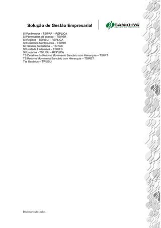 Solução de Gestão Empresarial
Dicionário de Dados
SI Parâmetros - TSIPAR – REPLICA
SI Permissões de acesso – TSIPER
SI Regiões - TSIREG – REPLICA
SI Relatórios hierárquicos – TSIRHI
SI Tabelas do Sistema – TSITAB
SI Unidade Federativa – TSIUFS
SI Usuários - TSIUSU – REPLICA
TS Detalhes do Retorno Movimento Bancário com Hierarquia – TSIIRT
TS Retorno Movimento Bancário com Hierarquia – TSIRET
TW Usuários – TWUSU
 