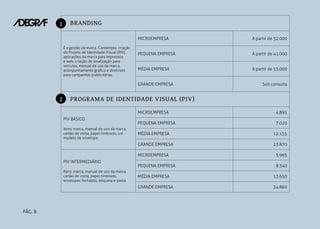 1

BRANDING
MICROEMPRESA
É a gestão da marca. Contempla criação
do Projeto de Identidade Visual (PIV),
aplicações da marca para impressos
e web, criação de sinalização para
veículos, manual de uso da marca,
acompanhamento gráfico e diretrizes
para campanhas publicitárias.

A partir de 32.000

PEQUENA EMPRESA

A partir de 41.000

MÉDIA EMPRESA

A partir de 53.000

GRANDE EMPRESA

2

Sob consulta

PROGRAMA DE IDENTIDADE VISUAL (PIV)
MICROEMPRESA
PIV BÁSICO
Itens: marca, manual de uso da marca,
cartão de visita, papel timbrado, um
modelo de envelope.

4.895

PEQUENA EMPRESA

7.020

MÉDIA EMPRESA

12.155

GRANDE EMPRESA

23.870

MICROEMPRESA
PIV INTERMEDIÁRIO
Itens: marca, manual de uso da marca,
cartão de visita, papel timbrado,
envelopes fechados, etiqueta e pasta.

5.995

PEQUENA EMPRESA

8.340
13.650

GRANDE EMPRESA

PÁG. 8

MÉDIA EMPRESA

34.860

 