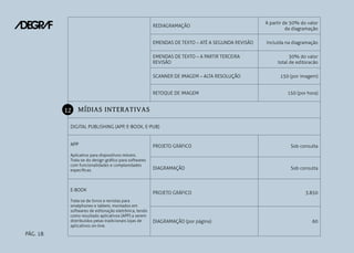 REDIAGRAMAÇÃO

A partir de 50% do valor
da diagramação

EMENDAS DE TEXTO – ATÉ A SEGUNDA REVISÃO

Incluída na diagramação

EMENDAS DE TEXTO – A PARTIR TERCEIRA
REVISÃO

30% do valor
total de editoracão

SCANNER DE IMAGEM – ALTA RESOLUÇÃO

150 (por imagem)

RETOQUE DE IMAGEM

150 (por hora)

12 MÍDIAS INTERATIVAS
DIGITAL PUBLISHING (APP, E-BOOK, E-PUB)

APP

PROJETO GRÁFICO

Sob consulta

Aplicativo para dispositivos móveis.
Trata-se do design gráfico para softwares
com funcionalidades e complexidades
específicas.

DIAGRAMAÇÃO

Sob consulta

E-BOOK
Trata-se de livros e revistas para
smatphones e tablets, montados em
softwares de editoração eletrônica, tendo
como resultado aplicativos (APP) a serem
distribuídos pelas tradicionais lojas de
aplicativos on-line.

PÁG. 18

PROJETO GRÁFICO

DIAGRAMAÇÃO (por página)

3.850

60

 