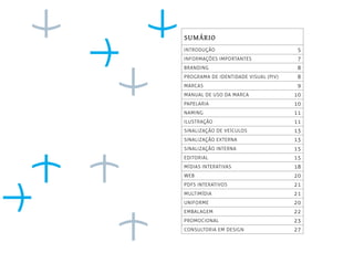 SUMÁRIO
INTRODUÇÃO 5
INFORMAÇÕES IMPORTANTES 7
BRANDING 8
PROGRAMA DE IDENTIDADE VISUAL (PIV) 8
MARCAS 9
MANUAL DE USO DA MARCA 10
PAPELARIA 10
NAMING 11
ILUSTRAÇÃO 11
SINALIZAÇÃO DE VEÍCULOS 13
SINALIZAÇÃO EXTERNA 13
SINALIZAÇÃO INTERNA 15
EDITORIAL 15
MÍDIAS INTERATIVAS 18
WEB 20
PDFS INTERATIVOS 21
MULTIMÍDIA 21
UNIFORME 20
EMBALAGEM 22
PROMOCIONAL 23
CONSULTORIA EM DESIGN 27
 
