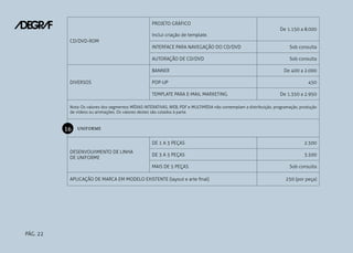 PÁG. 22
CD/DVD-ROM
PROJETO GRÁFICO
Inclui criação de template.
De 1.150 a 8.000
INTERFACE PARA NAVEGAÇÃO DO CD/DVD Sob consulta
AUTORAÇÃO DE CD/DVD Sob consulta
DIVERSOS
BANNER De 400 a 2.000
POP-UP 450
TEMPLATE PARA E-MAIL MARKETING De 1.350 a 2.950
Nota: Os valores dos segmentos MÍDIAS INTERATIVAS, WEB, PDF e MULTIMÍDIA não contemplam a distribuição, programação, produção
de vídeos ou animações. Os valores destes são cotados à parte.
UNIFORME
DESENVOLVIMENTO DE LINHA
DE UNIFORME
DE 1 A 3 PEÇAS 2.500
DE 3 A 5 PEÇAS 3.500
MAIS DE 5 PEÇAS Sob consulta
APLICAÇÃO DE MARCA EM MODELO EXISTENTE (layout e arte final) 250 (por peça)
16
 