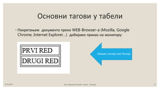 ◦ Покретањем документа преко WEB-Browser-a (Mozilla, Google
Chrome, Internet Explorer…) добијамо приказ на монитору:
24.03.2014 ОШ „Лукреција Анкуцић“, Самош, 8.разред 8
Основни тагови у табели
Имамо линије око ћелија
 