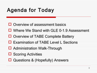 Agenda for Today Overview of assessment basics Where We Stand with GLE 0–1.9 Assessment Overview of TABE Complete Battery Examination of TABE Level L Sections Administration Walk-Through Scoring Activities Questions & (Hopefully) Answers 