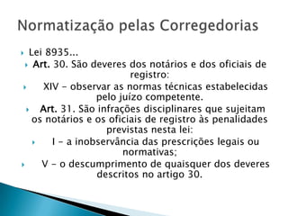   Lei 8935...
  Art. 30. São deveres dos notários e dos oficiais de
                           registro:
      XIV - observar as normas técnicas estabelecidas
                   pelo juízo competente.
     Art. 31. São infrações disciplinares que sujeitam
    os notários e os oficiais de registro às penalidades
                     previstas nesta lei:
        I - a inobservância das prescrições legais ou
                         normativas;
     V - o descumprimento de quaisquer dos deveres
                   descritos no artigo 30.
 