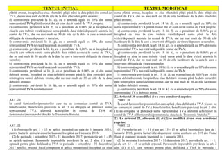 TEXTUL INIŢIAL TEXTUL MODIFICAT
plătită eronat, începând cu ziua efectuării plăţii până la data plăţii din contul de
TVA, dar nu mai mult de 30 de zile de la data efectuării plăţii eronate;
d) contravenţia prevăzută la lit. d), cu o amendă egală cu 10% din suma
reprezentând TVA plătită eronat din alt cont decât contul de TVA propriu;
e) contravenţia prevăzută la lit. f), cu o penalitate de 0,06% pe zi începând cu
ziua în care trebuie virată/depusă suma până la data virării/depunerii acesteia în
contul de TVA, dar nu mai mult de 30 de zile de la data la care a intervenit
obligaţia de virare/depunere a sumelor;
f) contravenţia prevăzută la lit. g), cu o amendă egală cu 10% din suma
reprezentând TVA nevirată/nedepusă în contul de TVA;
g) contravenţia prevăzută la lit. h), cu o penalitate de 0,06% pe zi începând cu
ziua în care trebuie virată suma până la data virării acesteia în contul de TVA,
dar nu mai mult de 30 de zile de la data la care a intervenit obligaţia de virare a
sumelor;
h) contravenţia prevăzută la lit. i), cu o amendă egală cu 10% din suma
reprezentând TVA nevirată/nedepusă în contul de TVA;
i) contravenţia prevăzută la lit. j), cu o penalitate de 0,06% pe zi din suma
debitată eronat, începând cu ziua debitării eronate până la data corectării prin
reîntregirea sumei debitate eronat, dar nu mai mult de 30 de zile de la data
debitării eronate;
j) contravenţia prevăzută la lit. k), cu o amendă egală cu 50% din suma
reprezentând TVA debitată eronat.
suma plătită eronat, începând cu ziua efectuării plăţii până la data plăţii din
contul de TVA, dar nu mai mult de 30 de zile lucrătoare de la data efectuării
plăţii eronate;
d) contravenţia prevăzută la art. 18 lit. d), cu o amendă egală cu 10% din
suma reprezentând TVA plătită eronat din alt cont decât contul de TVA propriu;
e) contravenţia prevăzută la art. 18 lit. f), cu o penalitate de 0,06% pe zi
începând cu ziua în care trebuie virată/depusă suma până la data
virării/depunerii acesteia în contul de TVA, dar nu mai mult de 30 de zile
lucrătoare de la data la care a intervenit obligaţia de virare/depunere a sumelor;
f) contravenţia prevăzută la art. 18 lit. g), cu o amendă egală cu 10% din suma
reprezentând TVA nevirată/nedepusă în contul de TVA;
g) contravenţia prevăzută la art. 18 lit. h), cu o penalitate de 0,06% pe zi
începând cu ziua în care trebuie virată suma până la data virării acesteia în
contul de TVA, dar nu mai mult de 30 de zile lucrătoare de la data la care a
intervenit obligaţia de virare a sumelor;
h) contravenţia prevăzută la art. 18 lit. i), cu o amendă egală cu 10% din suma
reprezentând TVA nevirată/nedepusă în contul de TVA;
i) contravenţia prevăzută la art. 18 lit. j), cu o penalitate de 0,06% pe zi din
suma debitată eronat, începând cu ziua debitării eronate până la data corectării
prin reîntregirea sumei debitate eronat, dar nu mai mult de 30 de zile lucrătoare
de la data debitării eronate;
j) contravenţia prevăzută la art. 18 lit. k), cu o amendă egală cu 50% din suma
reprezentând TVA debitată eronat."
ART. 20
În cazul furnizorilor/prestatorilor care nu au comunicat contul de TVA
beneficiarilor, beneficiarii prevăzuţi la art. 3 au obligaţia să plătească suma
reprezentând TVA aferentă achiziţiilor în contul de TVA al
furnizorului/prestatorului deschis la Trezoreria Statului.
22. Articolul 20 se modifică şi va avea următorul cuprins:
"ART. 20
În cazul furnizorilor/prestatorilor care aplică plata defalcată a TVA şi care nu
au comunicat contul de TVA beneficiarilor, beneficiarii prevăzuţi la art. 3 alin.
(1) au obligaţia să plătească suma reprezentând TVA aferentă achiziţiilor în
contul de TVA al furnizorului/prestatorului deschis la Trezoreria Statului."
ART. 22
(1) Prevederile art. 1 - 15 se aplică începând cu data de 1 ianuarie 2018,
pentru facturile emise/avansurile încasate începând cu 1 ianuarie 2018.
(2) În perioada 1 octombrie 2017 - 31 decembrie 2017, prevederile art. 1 - 15
se aplică opţional. Persoanele impozabile prevăzute la art. 2 alin. (1) care
optează pentru plata defalcată a TVA în perioada 1 octombrie - 31 decembrie
2017 notifică organul fiscal competent şi aplică mecanismul începând cu ziua
23. La articolul 22, alineatele (1) şi (2) se modifică şi vor avea următorul
cuprins:
"ART. 22
(1) Prevederile art. 1 - 11 şi ale art. 13 - 15 se aplică începând cu data de 1
ianuarie 2018, pentru facturi/alte documente emise conform art. 319 din Codul
fiscal şi avansuri încasate începând cu 1 ianuarie 2018.
(2) În perioada 1 octombrie 2017 - 31 decembrie 2017, prevederile art. 1 - 11
şi ale art. 13 - 15 se aplică opţional. Persoanele impozabile prevăzute la art. 2
alin. (1) şi (2) care optează pentru plata defalcată a TVA în perioada 1
 
