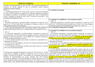 TEXTUL INIŢIAL TEXTUL MODIFICAT
livrărilor de bunuri/prestărilor de servicii, inclusiv TVA aferentă avansurilor, în
conturile de venituri bugetare la care se evidenţiază sumele aferente
bunurilor/serviciilor facturate.
ART. 12
Transferurile prevăzute la art. 9 alin. (1) lit. e), g), h), j), k) şi l) se efectuează
în urma verificării efectuate de organul fiscal. Structura competentă, procedura
şi condiţiile de aprobare a transferului se aprobă prin ordin al preşedintelui
ANAF. Transferul se aprobă de către ANAF în termen de maximum 3 zile
lucrătoare de la depunerea cererii.
12. Articolul 12 se abrogă.
ART. 13
Persoanele impozabile şi instituţiile publice, înregistrate în scopuri de TVA
potrivit art. 316 din Codul fiscal, au obligaţia să comunice contul de TVA
furnizorilor/prestatorilor şi beneficiarilor.
13. Articolul 13 se modifică şi va avea următorul cuprins:
"ART. 13
Persoanele impozabile şi instituţiile publice, înregistrate în scopuri de TVA
potrivit art. 316 din Codul fiscal, prevăzute la art. (2) alin. (1) şi (2) au obligaţia
să comunice contul de TVA beneficiarilor prevăzuţi la art. 3 alin. (1)."
(2) În cazul instrumentelor de plată, emise după 1 ianuarie 2018, trebuie să se
asigure respectarea prevederilor art. 3, respectiv plata TVA în contul de TVA.
14. La articolul 14, alineatul (2) se abrogă.
ART. 15
(1) Persoanele impozabile şi instituţiile publice, înregistrate în scopuri de
TVA potrivit art. 316 din Codul fiscal, au obligaţia să vireze în contul de TVA
propriu, în termen de maximum 7 zile lucrătoare de la încasarea contravalorii
livrărilor de bunuri/prestărilor de servicii:
a) TVA aferentă încasărilor prin utilizarea cardurilor de credit/debit sau a
substitutelor de numerar;
b) TVA care nu a fost plătită în contul de TVA de către alţi beneficiari decât
cei prevăzuţi la art. 3 alin. (1);
c) TVA aferentă instrumentelor de plată emise anterior datei de 1 ianuarie
2018 şi încasate după această dată.
(2) Persoanele impozabile înregistrate în scopuri de TVA potrivit art. 316 din
Codul fiscal au obligaţia să depună în numerar/să vireze în contul de TVA
propriu, în termen de maximum 7 zile lucrătoare de la încasarea contravalorii
livrărilor de bunuri/prestărilor de servicii, diferenţa între TVA aferentă
încasărilor în numerar şi TVA aferentă plăţilor în numerar efectuate într-o zi. În
cazul instituţiilor publice înregistrate în scopuri de TVA potrivit art. 316 din
Codul fiscal, TVA aferentă contravalorii livrărilor de bunuri/prestărilor de
15. Articolul 15 se modifică şi va avea următorul cuprins:
"ART. 15
(1) Persoanele impozabile şi instituţiile publice, înregistrate în scopuri de
TVA potrivit art. 316 din Codul fiscal, prevăzute la art. 2 alin. (1) şi (2), au
obligaţia să vireze în contul de TVA propriu, în termen de 30 zile lucrătoare
de la încasarea contravalorii livrărilor de bunuri/prestărilor de servicii:
a) TVA aferentă încasărilor prin utilizarea cardurilor de credit/debit sau a
substitutelor de numerar;
b) TVA care nu a fost plătită în contul de TVA de către alte persoane decât
cele prevăzute la art. 3 alin. (1). Opţional poate fi virată în contul de TVA şi
TVA care nu a fost plătită în contul de TVA de către persoanele prevăzute
la art. 3 alin. (1);
c) TVA aferentă instrumentelor de plată emise anterior datei de la care
furnizorul/prestatorul aplică plata defalcată a TVA şi încasate după această dată.
(2) Persoanele impozabile înregistrate în scopuri de TVA potrivit art. 316 din
Codul fiscal, prevăzute la art. 2 alin. (1) şi (2), au obligaţia să depună în
numerar/să vireze în contul de TVA propriu, în termen de 30 de zile
lucrătoare de la încasarea contravalorii livrărilor de bunuri/prestărilor de
servicii, diferenţa între TVA aferentă încasărilor în numerar şi TVA aferentă
plăţilor în numerar efectuate într-o zi. În cazul instituţiilor publice înregistrate în
scopuri de TVA potrivit art. 316 din Codul fiscal, prevăzute la art. 2 alin. (1) şi
 
