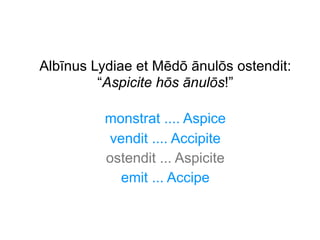 Albīnus Lydiae et Mēdō ānulōs ostendit:
“Aspicite hōs ānulōs!”
monstrat .... Aspice
vendit .... Accipite
ostendit ... Aspicite
emit ... Accipe

 