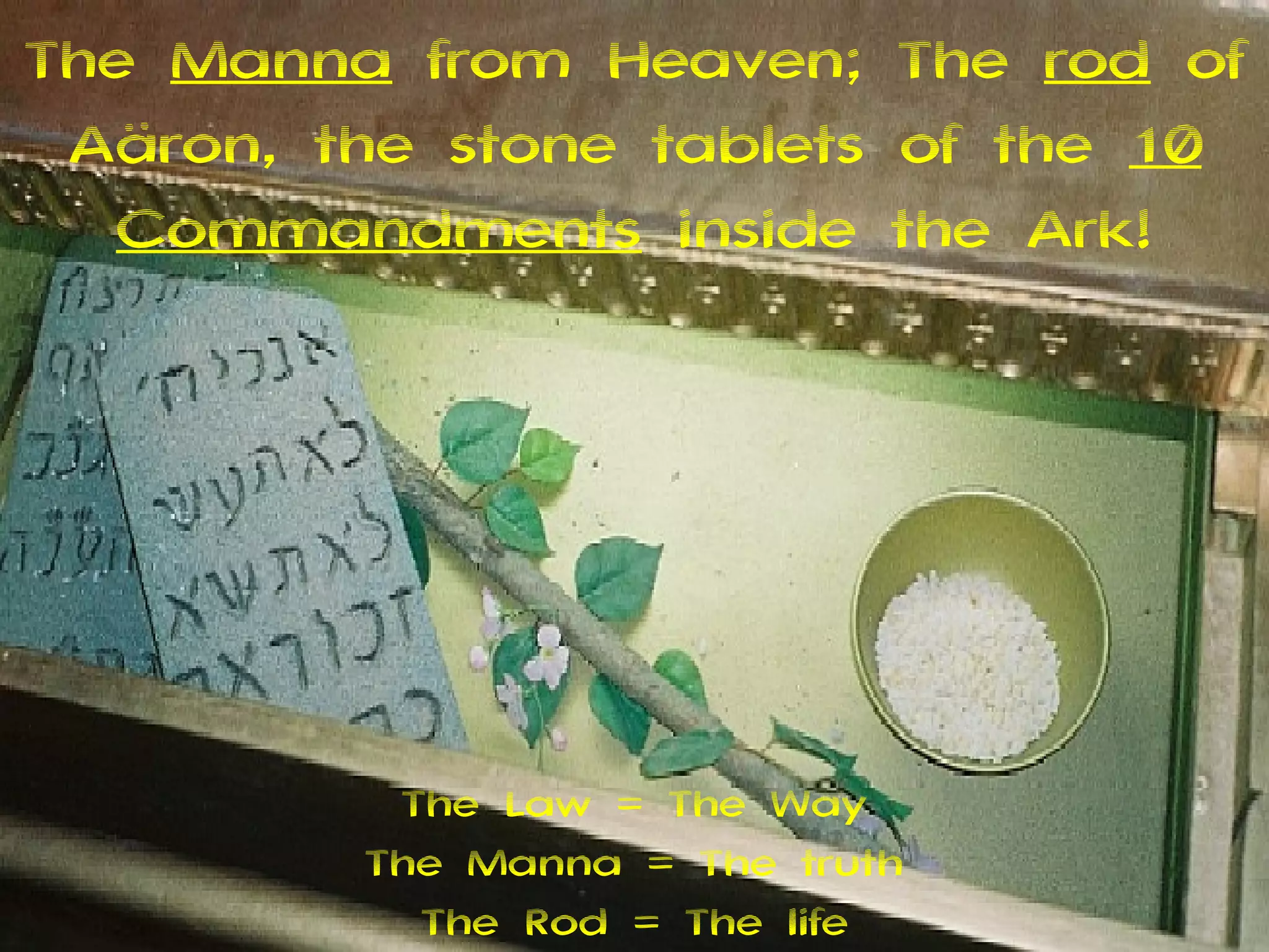 The Manna from Heaven; The rod of
 Aäron, the stone tablets of the 10
  Commandments inside the Ark!




          The Law = The Way
         The Manna = The truth
           The Rod = The life
 