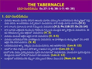 8/3/2021 Email: goodnews4_u@hotmail.com 41
THE TABERNACLE
(ద్హనబలిపీఠము -Ex.27: 1-8; 38: 1-7; 40: 29)
1. ద్హనబలిపీఠము
• మరియ అయిదు మూరల పొడుగు అయిదు మూరల వడలుపగల బలిపీఠమును తుమమకఱ
ఱ తో నీవు
చేయ వలెను. ఆ బలిపీఠము చచ్చాకముగా నుుండవలెను; దాని య్యతు
ు మూడు మూరలు(V.1)
• దాని నాలుగు మూలలను దానిి కొముమలను చేయవలెను(V.2; Ps.118:27; Ex.21:14)
• దాని బూడిద ఎతు
ు టకు కుుండలను గరిటెలను గ్ననెనలను ముుండ
ల ను అగ్ననపాదత్
ర లను చేయవలెను. ఈ
ఉప్ కరణ్ములనినయ ఇత్
ు డితో చేయవలెను.(V. 3)
• మరియ వలవుంటి ఇత్
ు డి జలె
ల డ దానిి చేయవలెను.(V. 4-5)
• మరియ బలిపీఠముకొరకు మోత్కఱ
ఱ లను చేయవలెను. ఆ మోత్కఱ
ఱ లను తుమమకఱ
ఱ తో చేసి వాటిి
ఇత్
ు డి రేకు పొదిగ్నుంప్వలెను. (V. 6)
• బలిపీఠముమీద్ అగ్నన నిత్యము ముండుచుుండవలెను, అది ఆరిపోకూడదు. (Lev.6: 13)
• య్యహోవా త్మ కాజ్ఞ
ా పిుంప్ని వేరొక అగ్ననని ఆయన స్నినధిి త్యగా(Lev.10: 1)
య్యహోవాకు చేయ నె
ై వేద్యమేదియ పులిసి పొుంగ్ననదానితో చేయకూడదు. ఏలయనగా పులిసినద
ై నను
త్యనెయ్య
ై నను య్యహోవాకు హోమముగా ద్హిుంప్వలదు. (Lev.2: 12)
• యిత్
ు డితో బలిపీఠమునకు కపుపగా వడలపయిన రేకులు చేయిుంచెనను.(Num.16: 40)
 