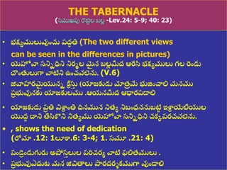 8/3/2021 Email: goodnews4_u@hotmail.com 52
THE TABERNACLE
(స్ముఖపు రొటె
ు ల బల
ల -Lev.24: 5-9; 40: 23)
• భక్షయములువుంచ్చ ప్ద్
ా తి (The two different views
can be seen in the differences in pictures)
• యెహోవా సనిిధిని నిరమల మ
ై న బల
ల మీద్ ఆరేసి భక్షయములు గల రండు
దొంతులుగా వాటిని ఉంచవలెను. (V.6)
• జీవాహారమ
ై యుని కీ
ా సు
త (యాజకుడు మాత్
ి మే భుజంచాలి మనము
ప్
ర భువునకు యాజకులము .ఆయనమీద్ ఆధారప్డాలి
• యాజకుడు ప్
ర తి విశ్ర
ా ంతి దినమున నిత్య నిబంధ్ననుబటి
ు ఇశ్ర
ా యేలీయుల
యొద్
శ ద్ధని తీసికని నిత్యము యెహోవా సనిిధిని చకకప్రచవలెను.
• , shows the need of dedication
(రోమా .12: 1లూకా.6: 3-4; 1. సమూ .21: 4)
• ప్ండె
ర ండుగురు అపోస
త లుల ప్రిచరయ వాటి ఫలిత్ములు .
• ప్
ర భువుఎదుట మన జీవితాలు పారద్రశకముగా వుండాలి
 