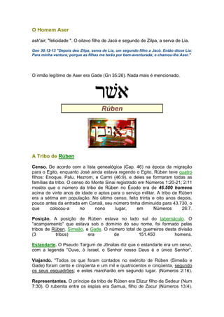O Homem Aser
ash'air; "felicidade ". O oitavo filho de Jacó e segundo de Zilpa, a serva de Lia.
Gen 30:12-13 "Depois deu Zilpa, serva de Lia, um segundo filho a Jacó. Então disse Lia:
Para minha ventura; porque as filhas me terão por bem-aventurada; e chamou-lhe Aser."
O irmão legítimo de Aser era Gade (Gn 35:26). Nada mais é mencionado.
Rúben
A Tribo de Rúben
Censo. De acordo com a lista genealógica (Cap. 46) na época da migração
para o Egito, enquanto José ainda estava regendo o Egito, Rúben teve quatro
filhos: Enoque, Palu, Hezrom, e Carmi (46:9), e deles se formaram todas as
famílias da tribo. O censo do Monte Sinai registrado em Números 1:20-21; 2:11
mostra que o número da tribo de Rúben no Êxodo era de 46.500 homens
acima de vinte anos de idade e aptos para o serviço militar. A tribo de Rúben
era a sétima em população. No último censo, feito trinta e oito anos depois,
pouco antes da entrada em Canaã, seu número tinha diminuído para 43.730, o
que colocou-a no nono lugar, em Números 26:7.
Posição. A posição de Rúben estava no lado sul do tabernáculo. O
"acampamento" que estava sob o domínio do seu nome, foi formado pelas
tribos de Rúben, Simeão, e Gade. O número total de guerreiros desta divisão
(3 tribos) era de 151.450 homens.
Estandarte. O Pseudo Targum de Jônatas diz que o estandarte era um cervo,
com a legenda "Ouve, ó Israel, o Senhor nosso Deus é o único Senhor".
Viajando. "Todos os que foram contados no exército de Rúben (Simeão e
Gade) foram cento e cinqüenta e um mil e quatrocentos e cinqüenta, segundo
os seus esquadrões; e estes marcharão em segundo lugar. (Números 2:16).
Representantes. O príncipe da tribo de Rúben era Elizur filho de Sedeur (Num
7:30). O rubenita entre os espias era Samua, filho de Zacur (Números 13:4).
 